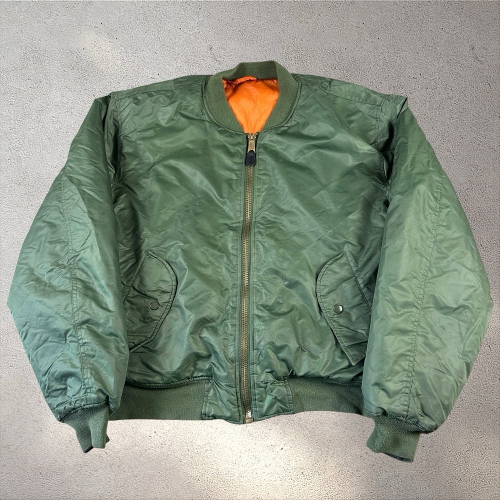 Vtg MA-1 Flight Jacket Mens XL Green Nylon Bomber USAF USA Reversible Fox